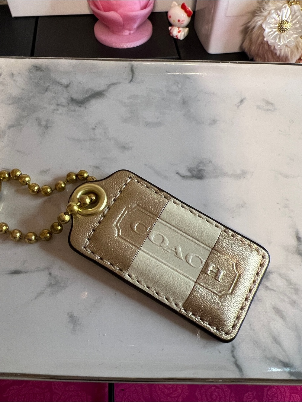 Coach Two-Tone Metallic Gold and Cream Leather hangtag & ball chain